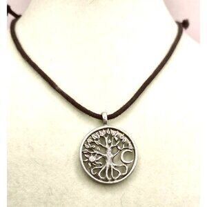 Tree Of Life Moon & Sun Pendant Necklace With Black Cord Silver Tone Adjustable